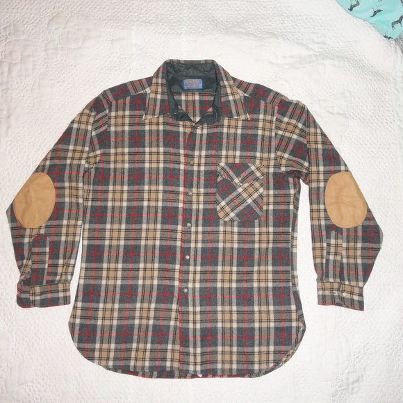 Vintage PENDLETON Button Up Shirt Long Sleeve Wool Shirt Plaid Elbow Patches Tartan Print Made in USA Size Medium